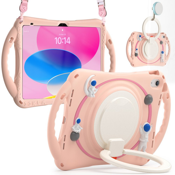 For iPad 10.9 (2022) Astronaut Tablet Case Rotating Kickstand Handle PC+Silicone Protective Cover with Pencil Holder - Pink