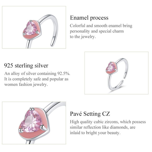 S925 Sterling Silver Heart Pink Zircon Women Open Ring