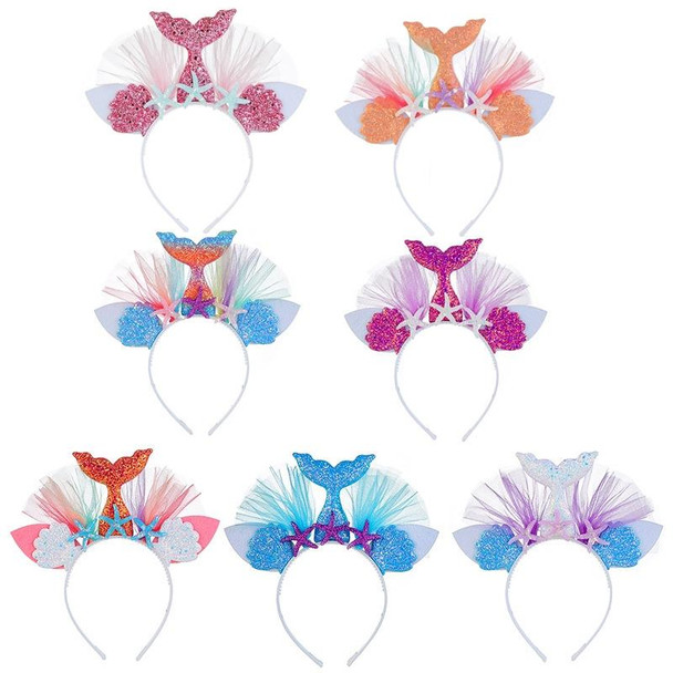 2 PCS Rainbow Mermaid Headband Children Party Hair Accessories Net Gauze Flower Animal Hair Accessories(Plum Red)