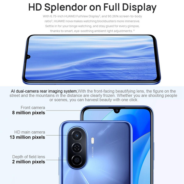 Huawei Enjoy 50 4G MGA-AL00, 8GB+128GB, China Version, Dual Back Cameras, 6000mAh Battery, Face ID & Side Fingerprint Identification, 6.75 inch HarmonyOS 2 Octa Core, Network: 4G, OTG, Not Support Google Play(Blue)