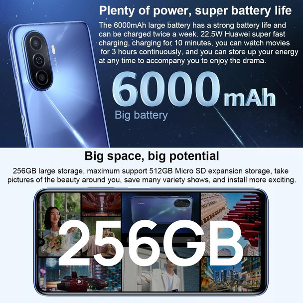 Huawei Enjoy 50 4G MGA-AL00, 8GB+128GB, China Version, Dual Back Cameras, 6000mAh Battery, Face ID & Side Fingerprint Identification, 6.75 inch HarmonyOS 2 Octa Core, Network: 4G, OTG, Not Support Google Play(Blue)
