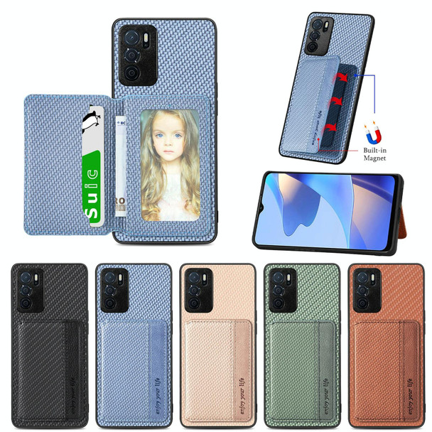 For OPPO A16 Carbon Fiber Magnetic Card Bag Phone Case(Khaki)