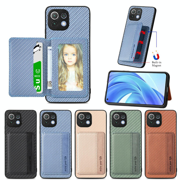 For Xiaomi Mi 11 Lite Carbon Fiber Magnetic Card Bag Phone Case(Brown)