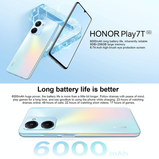 Honor Play7T RKY-AN10, 50MP Camera, 8GB+256GB, China Version, Dual Back Cameras, Side Fingerprint Identification, 6000mAh Battery, 6.74inch Magic UI 6.1 / Android 12  Dimensity 6020 Octa Core, Network: 5G, OTG, Not Support Google Play(Blue)