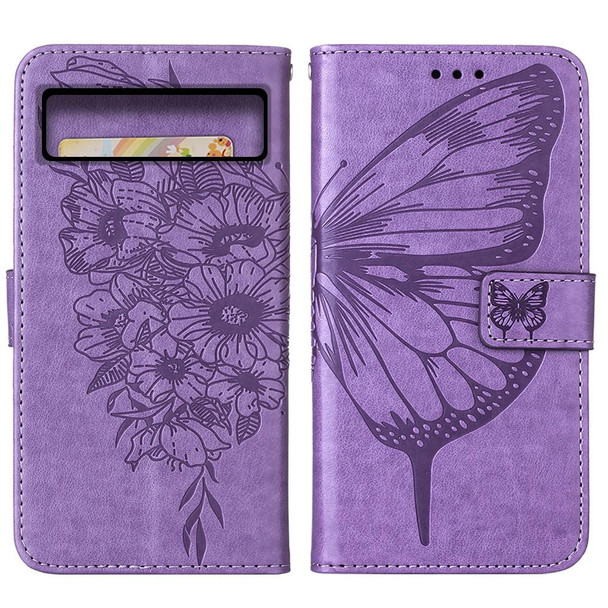 For Google Pixel 8 Embossed Butterfly Leatherette Phone Case(Light Purple)