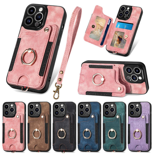 For iPhone 14 Pro Retro Skin-feel Ring Multi-card Wallet Phone Case(Pink)