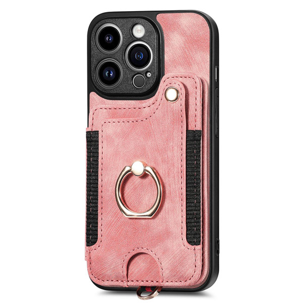 For iPhone 14 Pro Retro Skin-feel Ring Multi-card Wallet Phone Case(Pink)