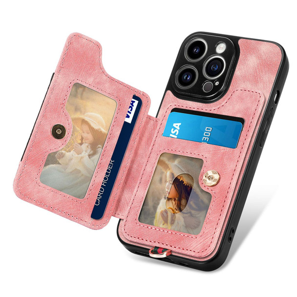 For iPhone 14 Pro Retro Skin-feel Ring Multi-card Wallet Phone Case(Pink)