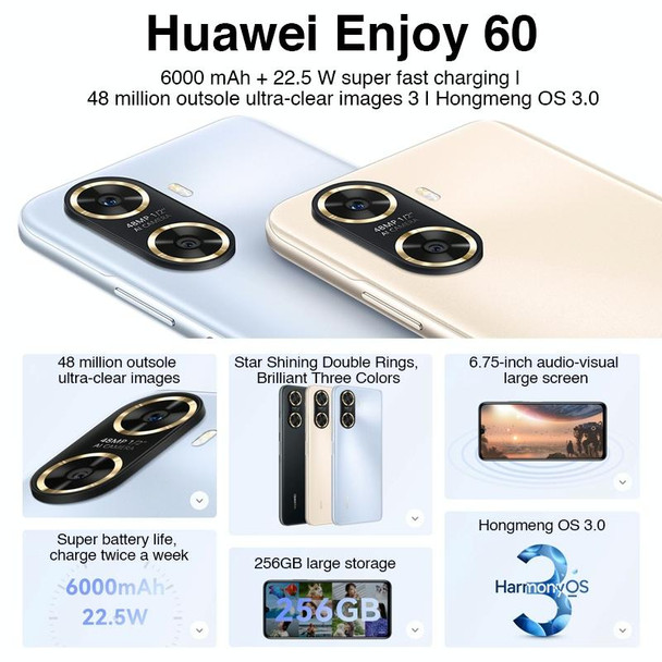 Huawei Enjoy 60 256GB MGA-AL40,  48MP Cameras, China Version, Dual Back Cameras, Face ID & Side Fingerprint Identification, 6000mAh Battery, 6.75 inch HarmonyOS 3.0 Octa Core, Network: 4G, OTG, Not Support Google Play(Gold)
