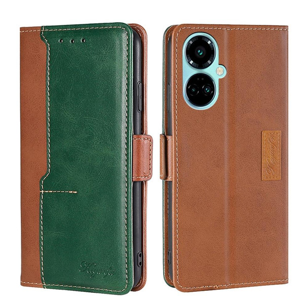 For Tecno Camon 19 / 19 Pro Contrast Color Side Buckle Leatherette Phone Case(Light Brown + Green)