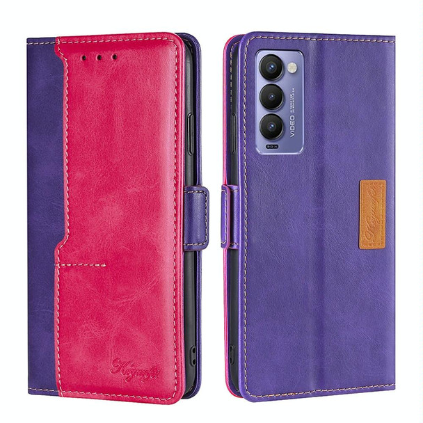 For Tecno Camon 18 / 18P Contrast Color Side Buckle Leatherette Phone Case(Purple + Rose Red)