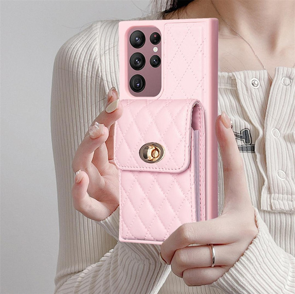 For Samsung Galaxy S22 Ultra 5G Vertical Wallet Rhombic Leatherette Phone Case(Pink)