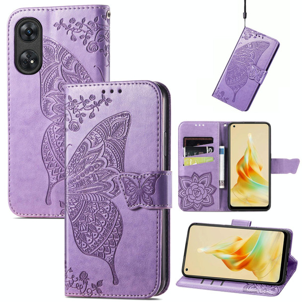 For OPPO Reno8 T 4G Butterfly Love Flower Embossed Leatherette Phone Case(Lavender)