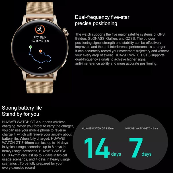 HUAWEI WATCH GT 3 Smart Watch 42mm Stainless Steel Wristband, 1.32 inch AMOLED Screen, Support Heart Rate Monitoring / GPS / 7-days Battery Life / NFC(Gold)