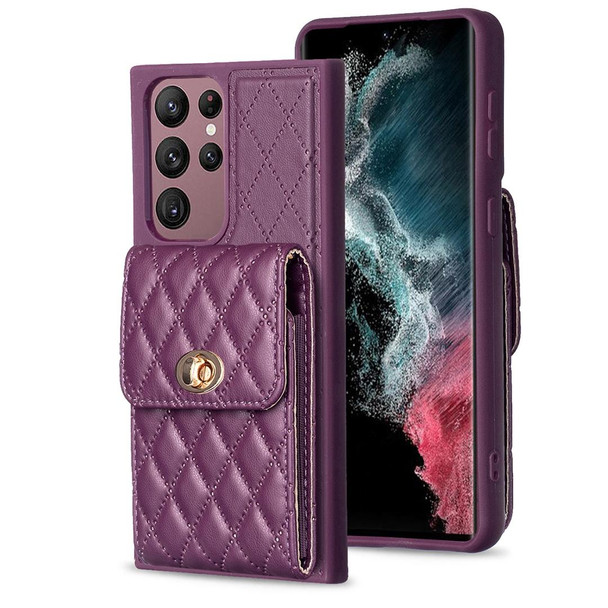 For Samsung Galaxy S22 Ultra 5G Vertical Wallet Rhombic Leatherette Phone Case(Dark Purple)