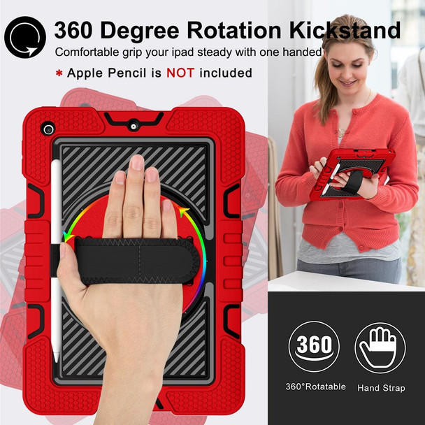 360 Degree Rotation Contrast Color Shockproof Silicone + PC Case with Holder & Hand Grip Strap & Shoulder Strap - iPad 10.2 2021 / 2020 / 2019 (Red+Black)