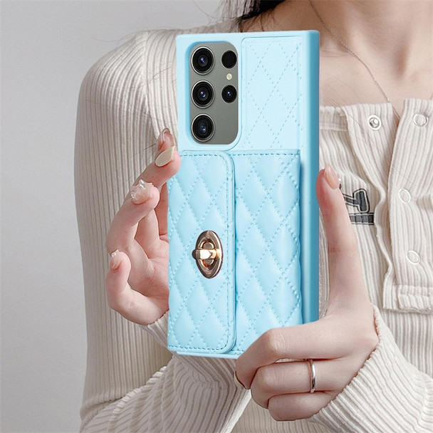 For Samsung Galaxy S23 Ultra 5G Horizontal Metal Buckle Wallet Rhombic Leatherette Phone Case(Blue)