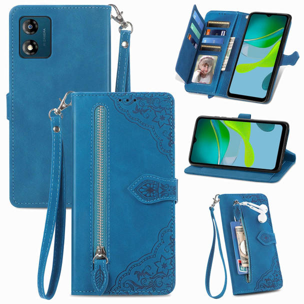 For Motorola Moto E13 Embossed Flower Zipper Leatherette Phone Case(Blue)