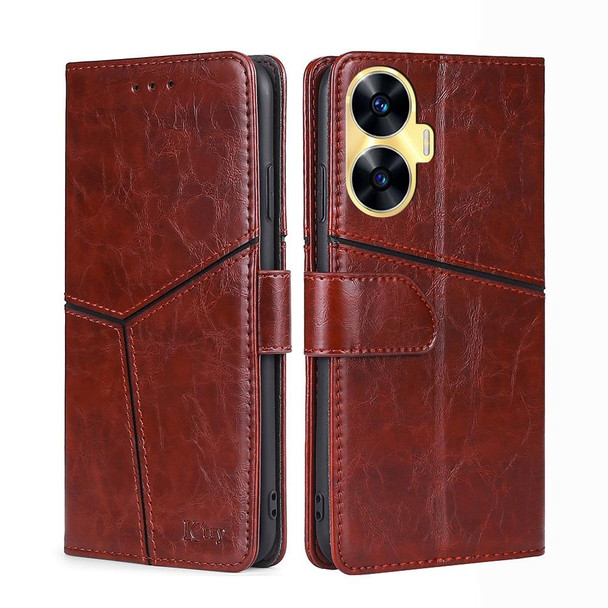 For Realme C55 4G Geometric Stitching Flip Leatherette Phone Case(Dark Brown)