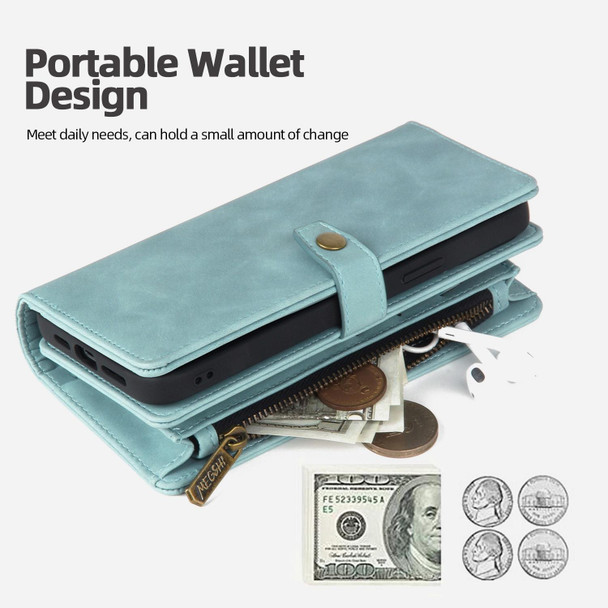 For iPhone 14 Zipper Wallet Detachable MagSafe Leatherette Phone Case(Blue)