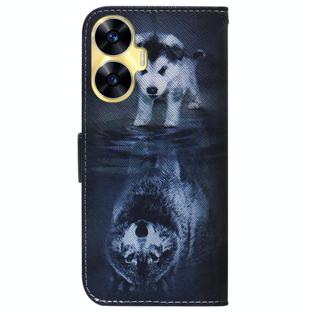 For Realme C55 Coloured Drawing Flip Leatherette Phone Case(Wolf and Dog)