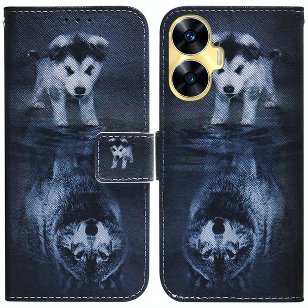 For Realme C55 Coloured Drawing Flip Leatherette Phone Case(Wolf and Dog)