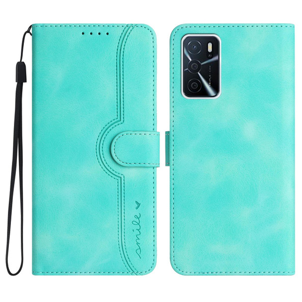 For OPPO A16 4G/A55 5G/A53s 5G Heart Pattern Skin Feel Leatherette Phone Case(Light Blue)