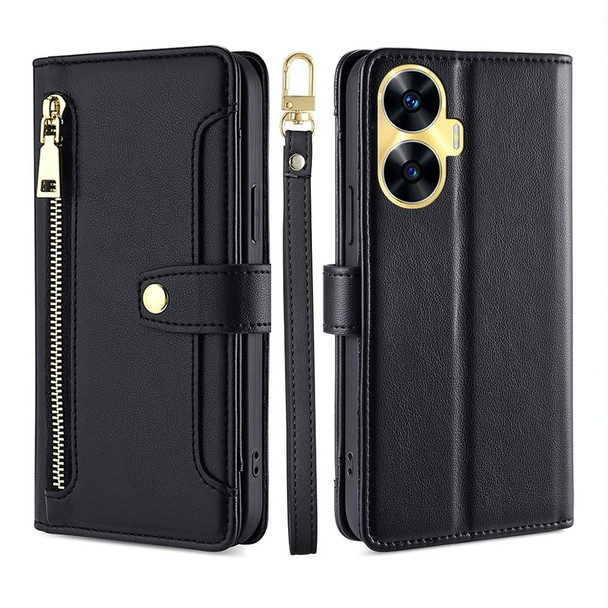 For Realme C55 4G Sheep Texture Cross-body Zipper Wallet Leatherette Phone Case(Black)