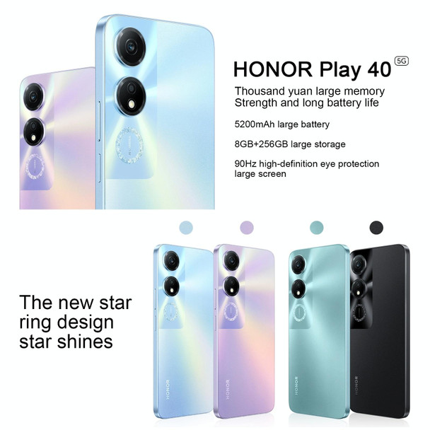 Honor Play 40 5G WDY-AN00, 8GB+256GB, China Version, Face ID & Side Fingerprint Identification, 5200mAh, 6.56 inch MagicOS 7.1 / Android 13 Qualcomm Snapdragon 480 Plus Octa Core up to 2.2GHz, Network: 5G, Not Support Google Play(Cyan)