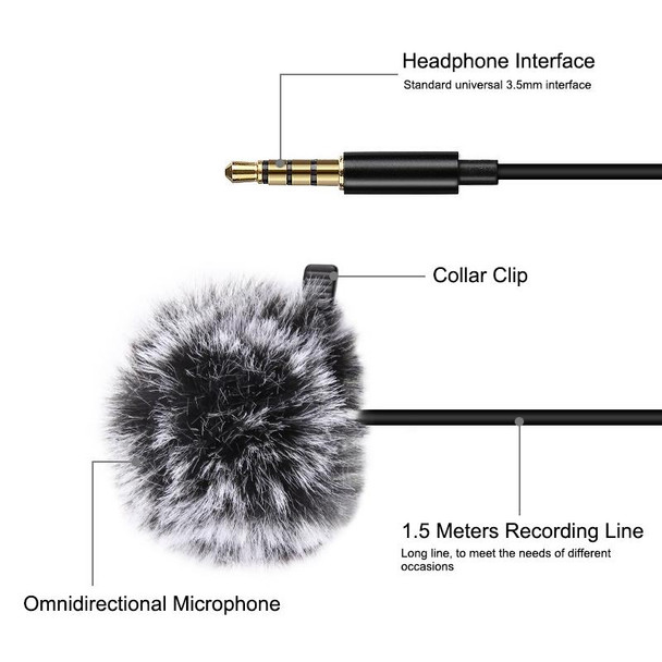 PULUZ 1.5m 3.5mm Jack Lavalier Wired Condenser Recording Microphone