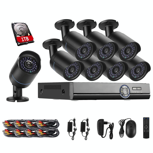 A8B5 8 Channel 720P 1.0 Mega Pixel 8 x Bullet IP Cameras AHD DVR Kit with 1TB HDD Disk, Support Night Vision / Motion Detection, IR Distance: 20m(Black)