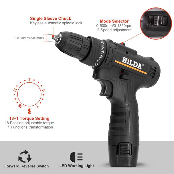 HILDA Home Power Drill 12V Li-Ion Drill With Charger And Battery, US Plug, Model: Carton Packing