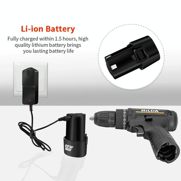 HILDA Home Power Drill 12V Li-Ion Drill With Charger And Battery, US Plug, Model: Plastic Packing