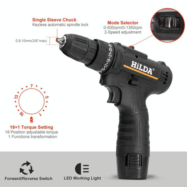 HILDA Home Power Drill 12V Li-Ion Drill With Charger And Battery, US Plug, Model: Plastic Packing