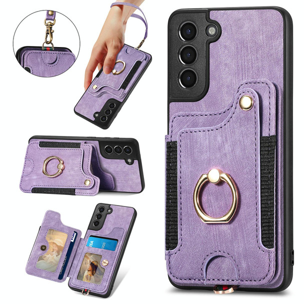 For Samsung Galaxy S21 5G Retro Skin-feel Ring Multi-card Wallet Phone Case(Purple)