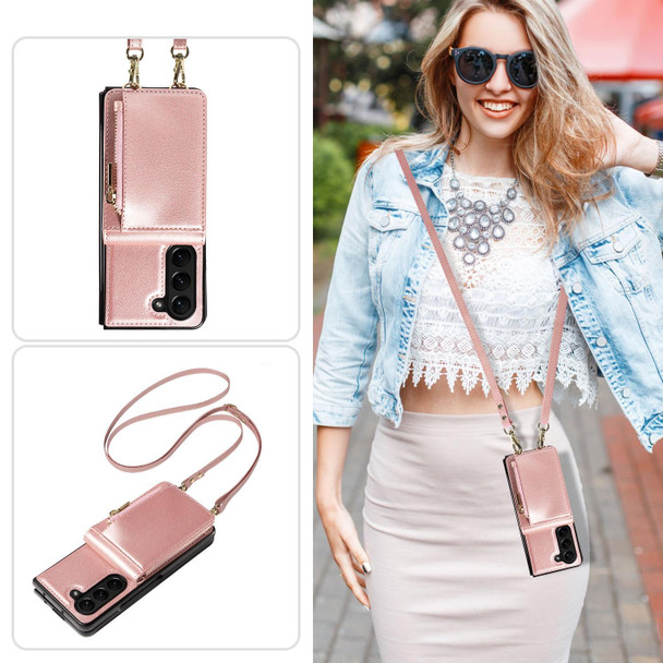 For Samsung Galaxy Z Fold5 5G Crossbody Lanyard Zipper Wallet Leatherette Phone Case(Rose Gold)