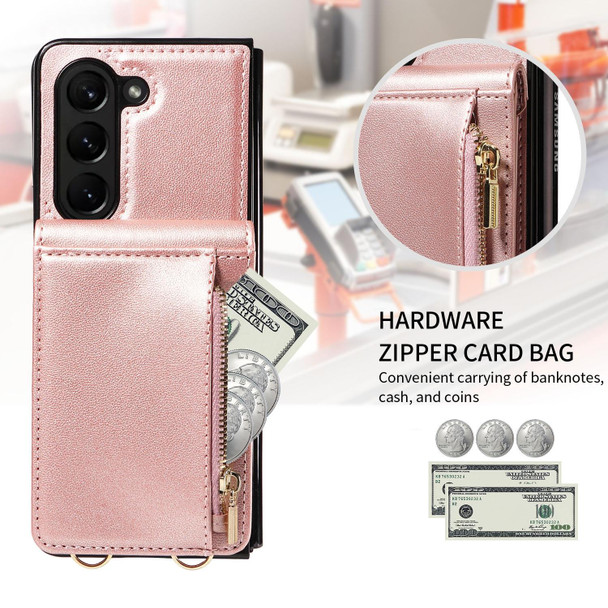 For Samsung Galaxy Z Fold5 5G Crossbody Lanyard Zipper Wallet Leatherette Phone Case(Rose Gold)