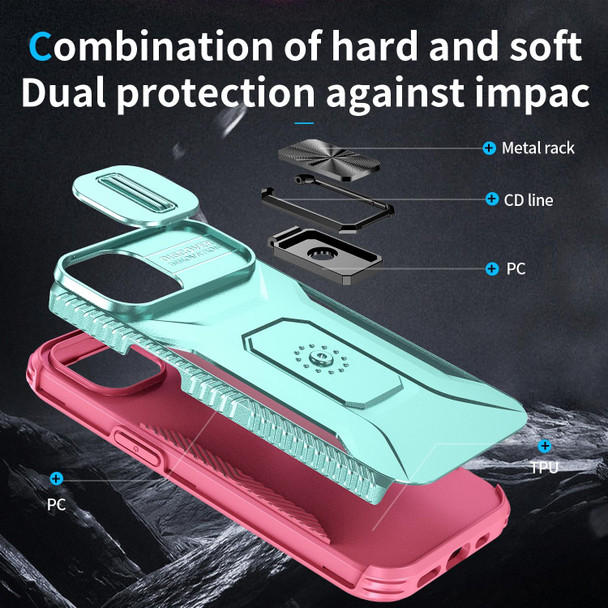 For iPhone 15 Sliding Camshield Holder Phone Case(Grey Green + Pink)