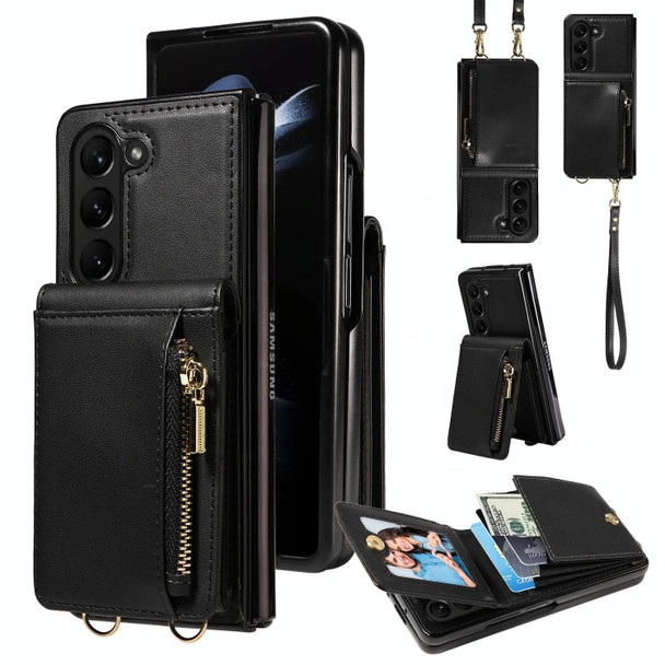 For Samsung Galaxy Z Fold5 5G Crossbody Lanyard Zipper Wallet Leatherette Phone Case(Black)