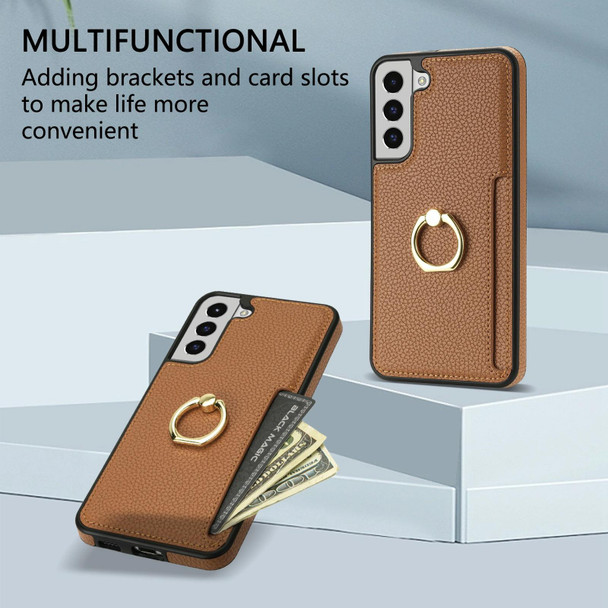 For Samsung Galaxy S21 FE 5G Ring Card  Litchi Leatherette Back Phone Case(Brown)