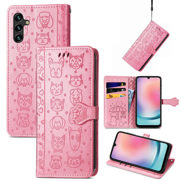 For Samsung Galaxy A24 4G Cute Cat and Dog Embossed Flip Leatherette Phone Case(Pink)