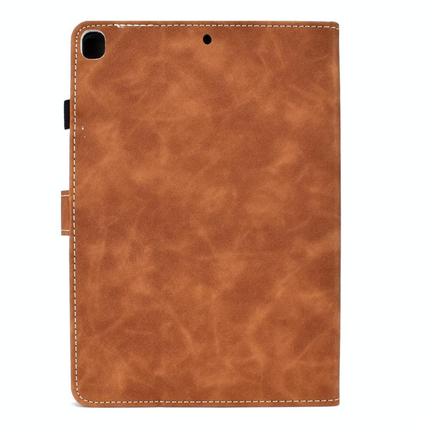 For iPad Air (2019) Embossing Panda Sewing Thread Horizontal Painted Flat Leatherette Case with Sleep Function & Pen Cover & Anti Skid Strip & Card Slot & Holder(Brown)