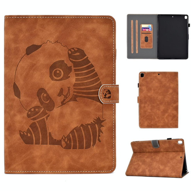 For iPad Air (2019) Embossing Panda Sewing Thread Horizontal Painted Flat Leatherette Case with Sleep Function & Pen Cover & Anti Skid Strip & Card Slot & Holder(Brown)