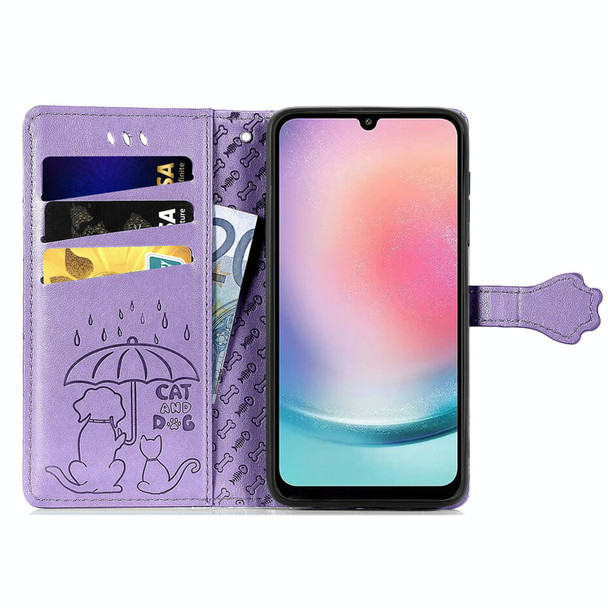 For Samsung Galaxy A24 4G Cute Cat and Dog Embossed Flip Leatherette Phone Case(Purple)