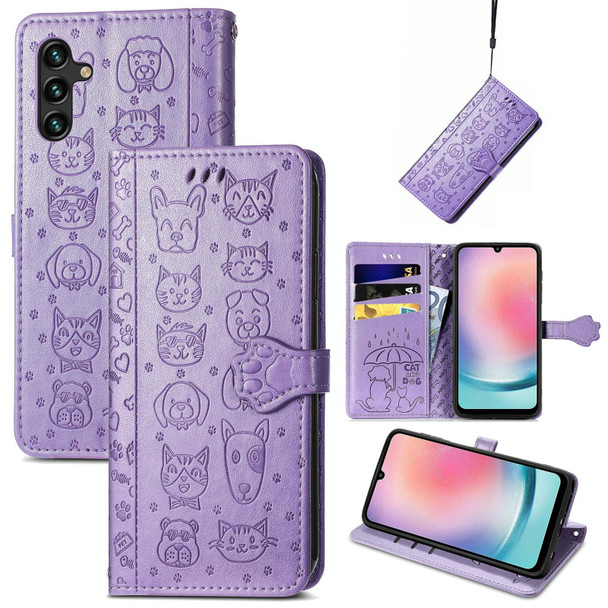 For Samsung Galaxy A24 4G Cute Cat and Dog Embossed Flip Leatherette Phone Case(Purple)