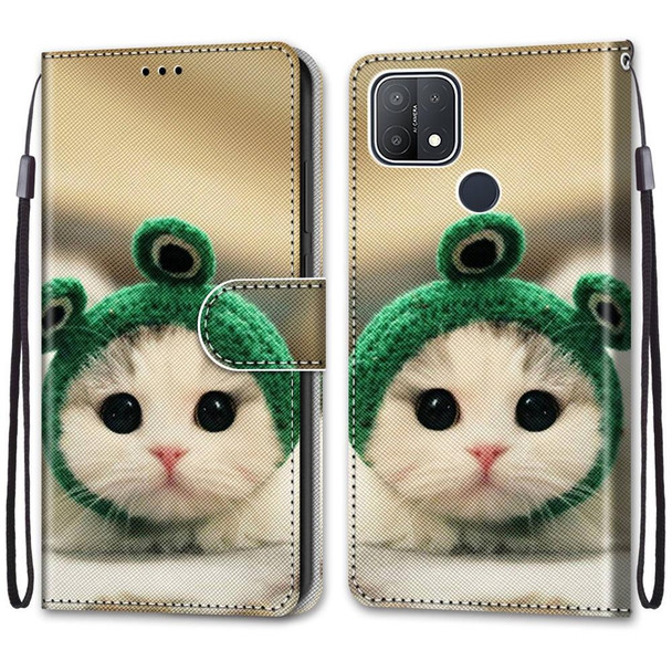 For OPPO A15 / A15s Coloured Drawing Cross Texture Horizontal Flip PU Leatherette Case with Holder & Card Slots & Wallet & Lanyard(Frog Kitten)