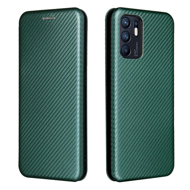 For OPPO Reno6 4G Carbon Fiber Texture Horizontal Flip TPU + PC + PU Leatherette Case with Card Slot(Green)