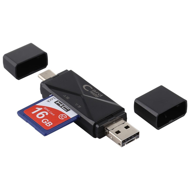 USB-C / Type-C + SD + TF + Micro USB to USB 2.0 Card Reader (Black)