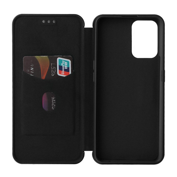 For OPPO Reno6 4G Carbon Fiber Texture Horizontal Flip TPU + PC + PU Leatherette Case with Card Slot(Black)