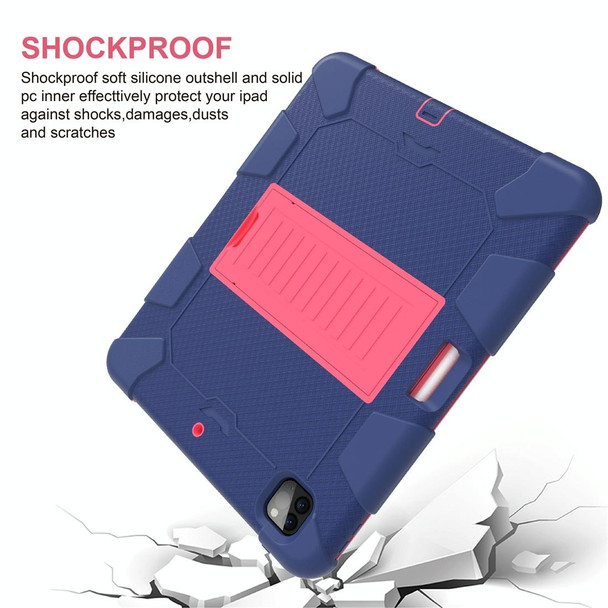 For iPad Pro 12.9 (2018) / (2020) Shockproof Two-Color Silicone Protective Tablet Case with Holder(Dark Blue+Rose Pink)